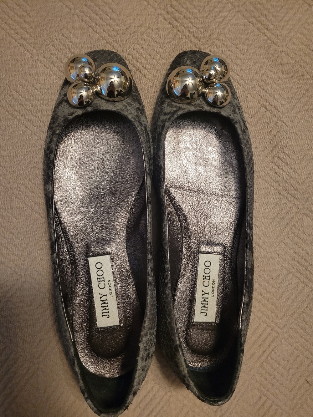 Jimmy Choo Gray Embossed Ballet Flats with Silver Ornaments